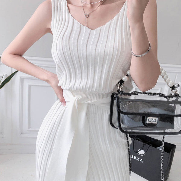 White v-neck sleeveless striped wrap knitted bodycon dresses