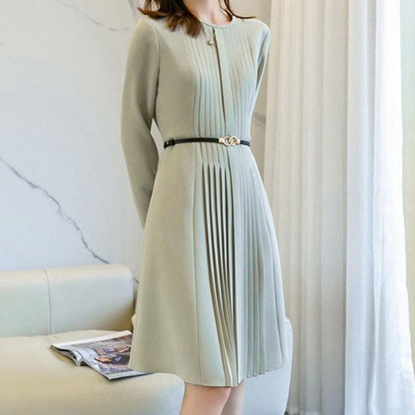 Elegant crew neck long sleeve pleated skater dresses