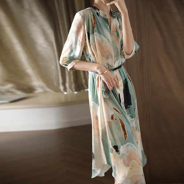 Elegant dye lapel three quarters sleeve shirt dresses