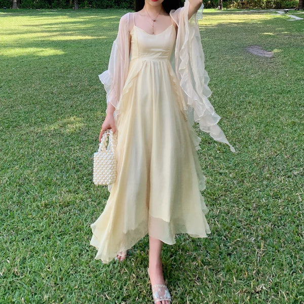 Stylish ruffle v-neck big hem maxi dresses