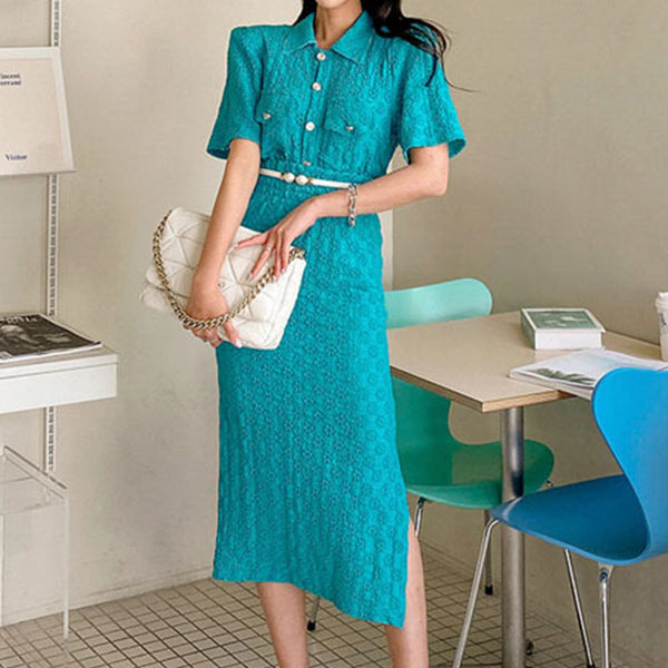 Turn-down collar top blue lace sheath skirt suits