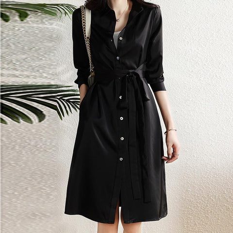 Solid lapel long sleeve belted shirt dresses