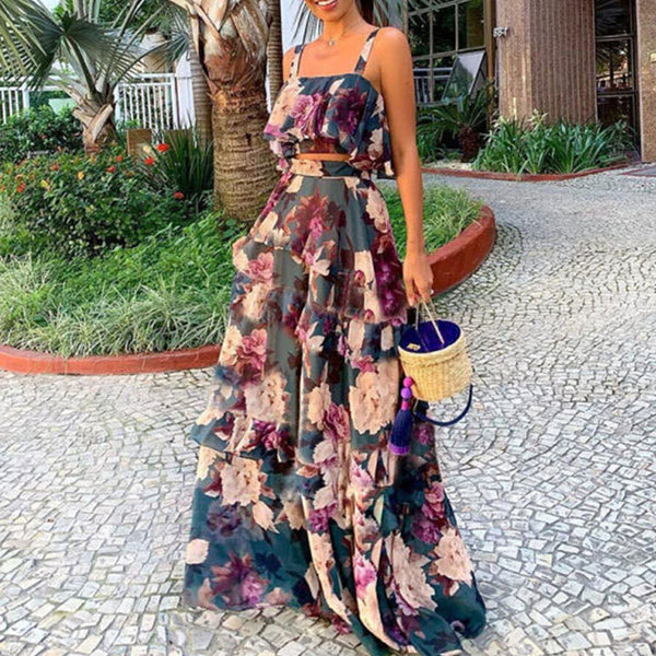 Sexy print square neck sleeve top maxi skirt suits