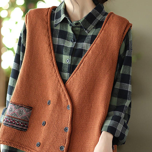Retro patch double breasted knitting vests