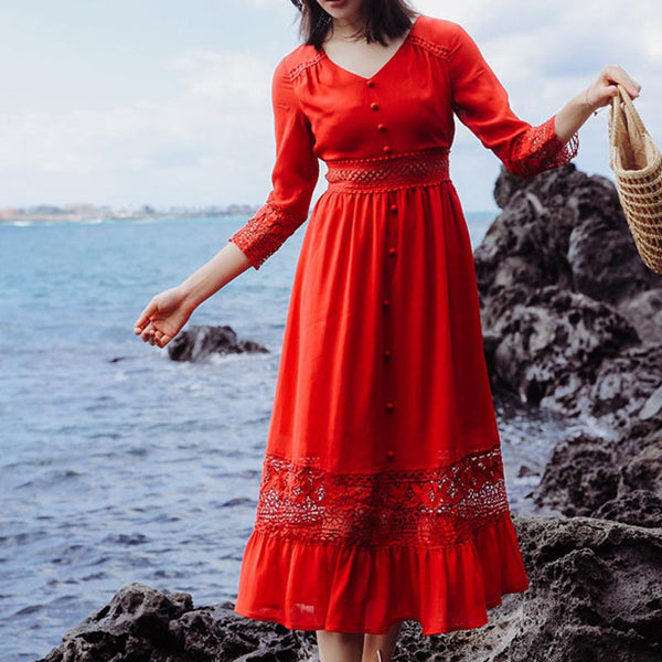 Vintage red v-neck openwork chiffon dresses