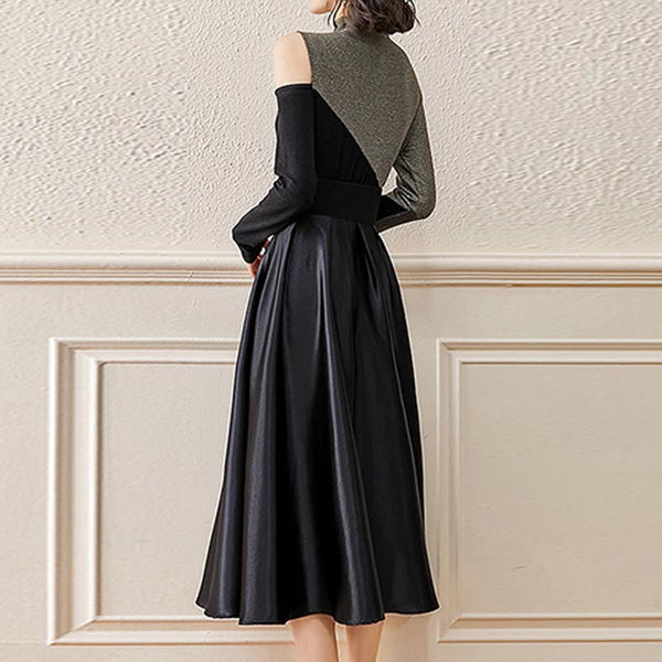 Chic color block mock neck long sleeve knitting tops and high waist a-line skirts suits