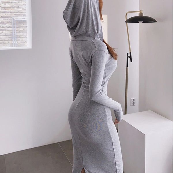 Sexy grey v-neck sheath long sleeve dresses