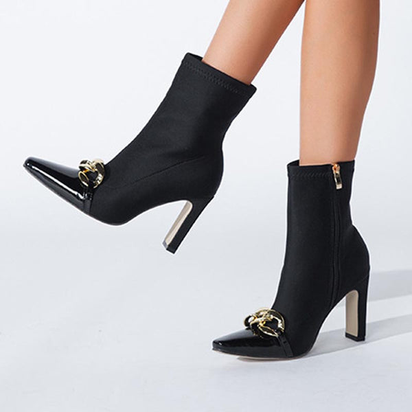 Sexy pointed toe chain chunky heels boots