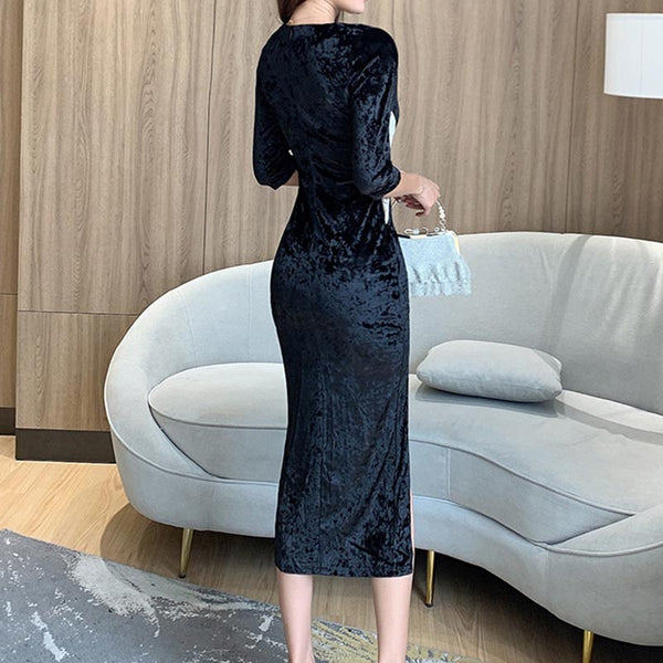 Color black velvet split midi dresses
