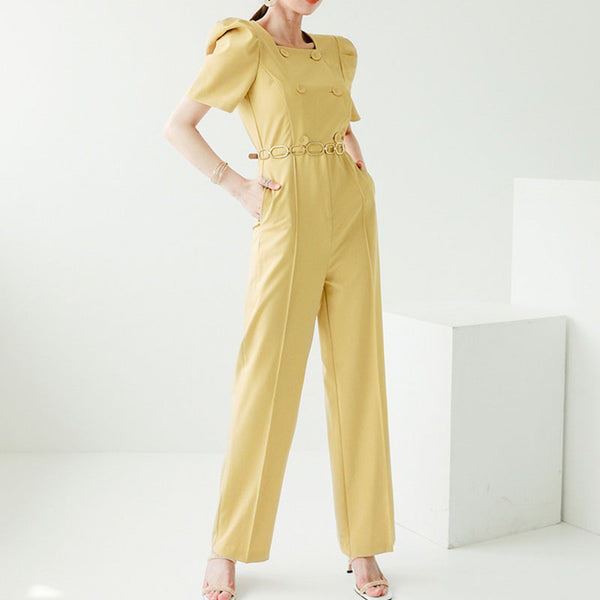 Yellow puff sleeve double-breasted jumpsuits