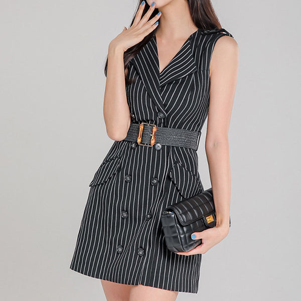 Black striped lapel sleeve belted bodycon dresses