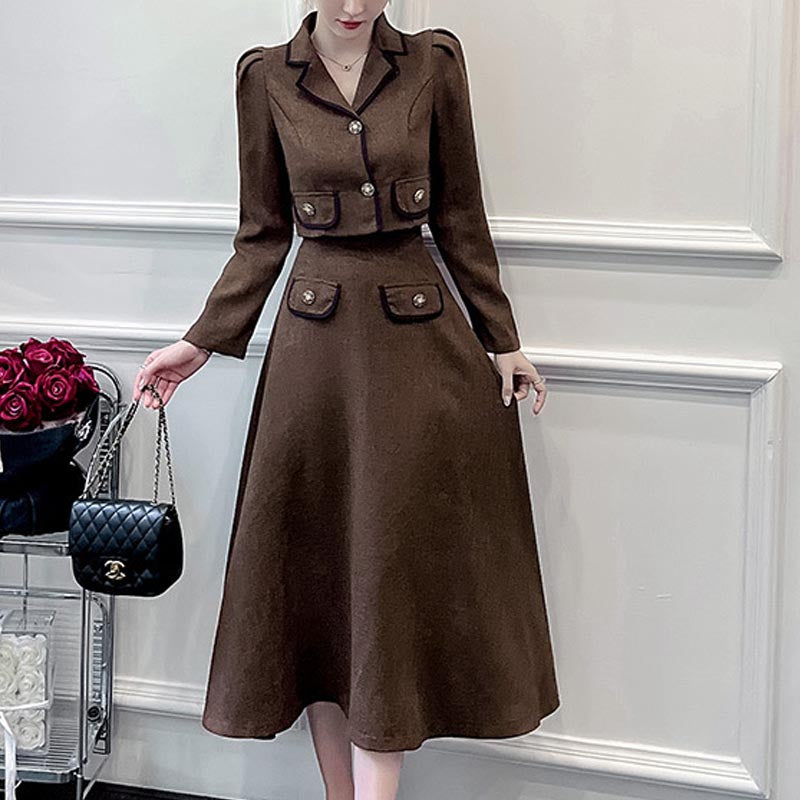 Retro notched long sleeve short coats and high waist a-line skirts suits