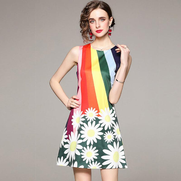 Rainbow crew neck sleeveless a-line mini dresses