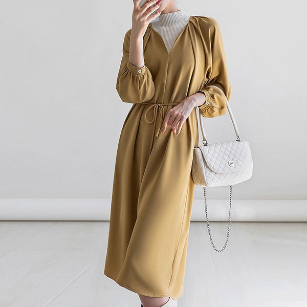 Brief solid v-neck long sleeve skater dresses