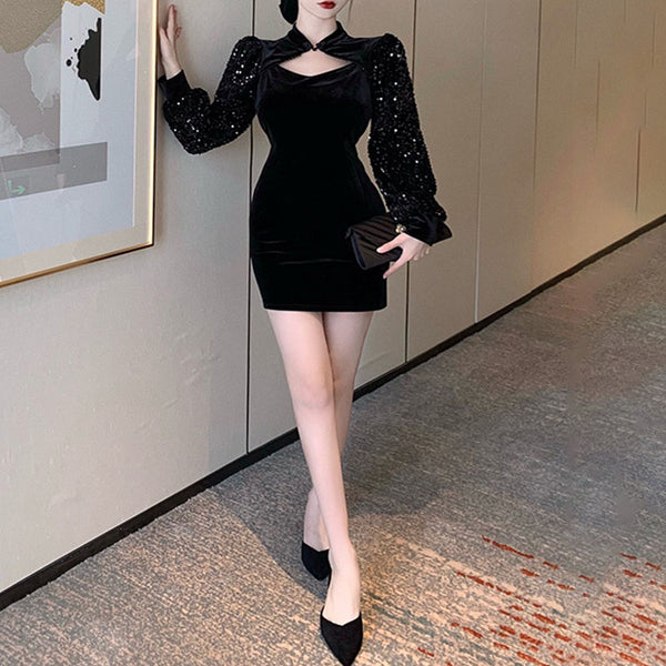 Fashion long sleeve black bodycon dresses