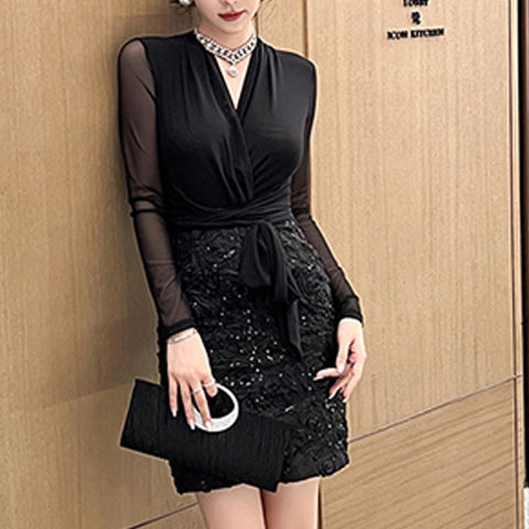 Sexy v-neck long sleeve patch sequin bodycon skirts