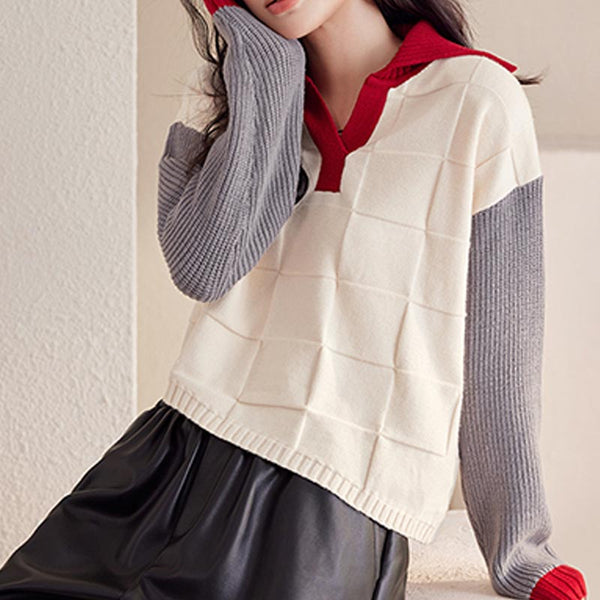 Casual color block lapel long sleeve sweaters