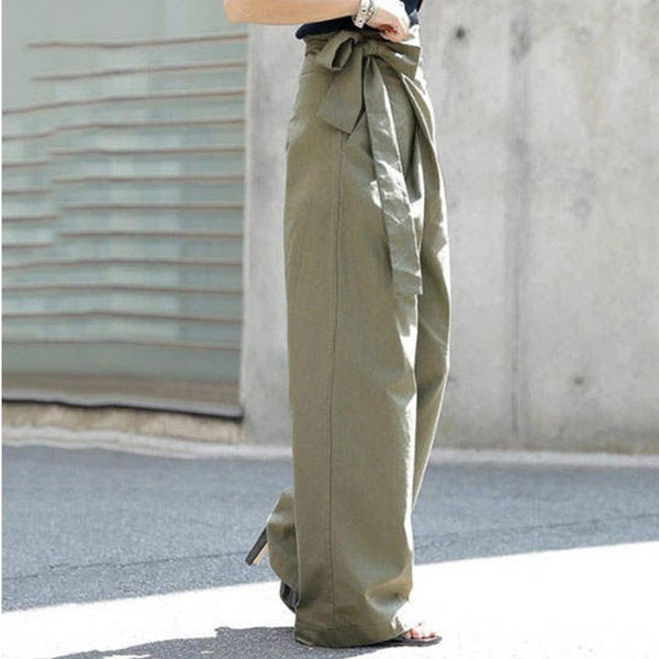 Casual high waist belted solid wide leg pants