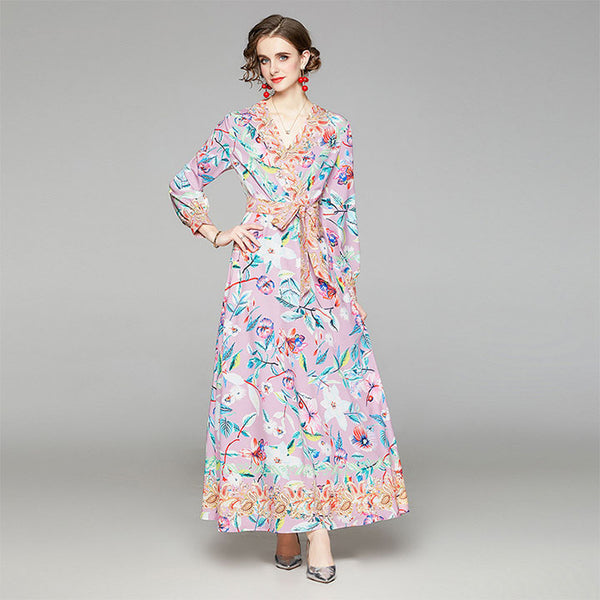 V neck long sleeve print bow tie maxi dresses