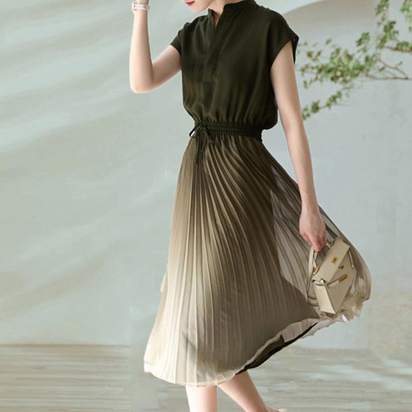 Brief gradient short sleeve lacing elastic waist pleated dresses