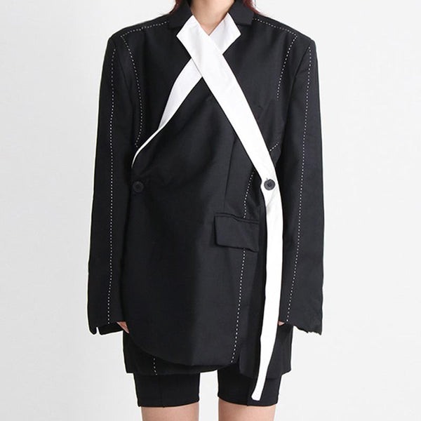 Chic color block patch v-neck long sleeve blazers