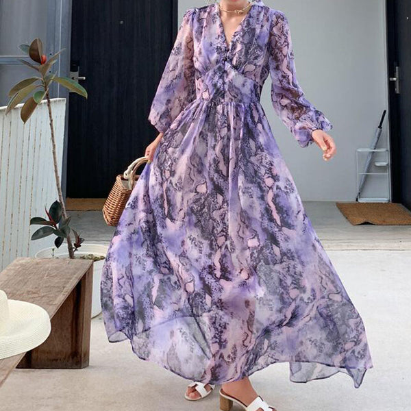 Retro purple v-neck beach dresses