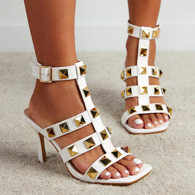 Rivet square toe ankle strap heeled sandals