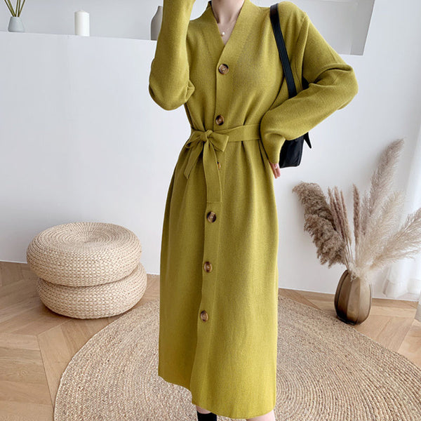 Solid single-breasted self tie knitting long dresses