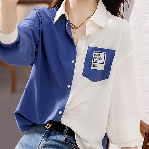 Chic color block lapel long sleeve blouses