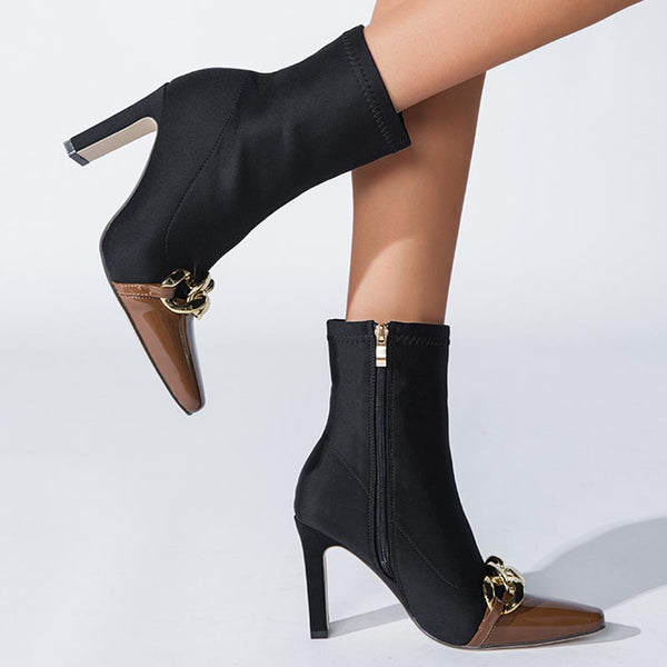 Sexy pointed toe chain chunky heels boots