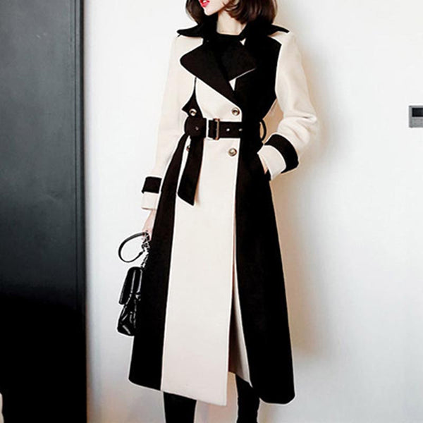 Chic color block lapel long sleeve woolen coats