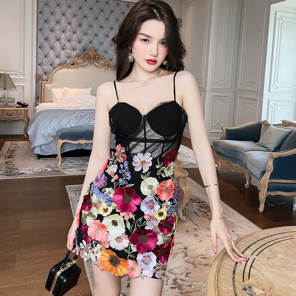 Sexy flower embroidery mesh patchwork strap mini dresses