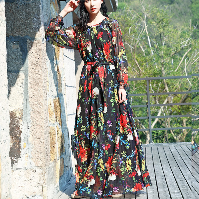 Perspective print belted big hem maxi dresses