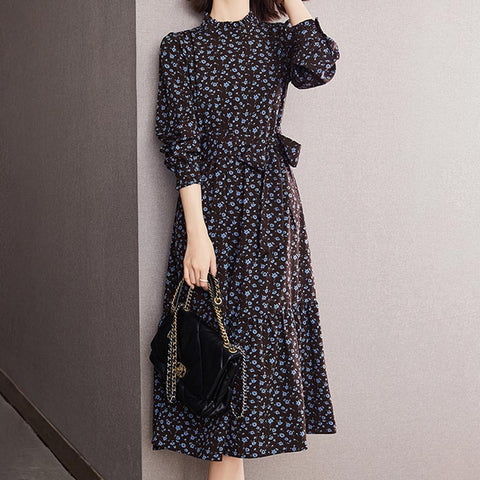 Vintage floral long sleeve belted skater dresses