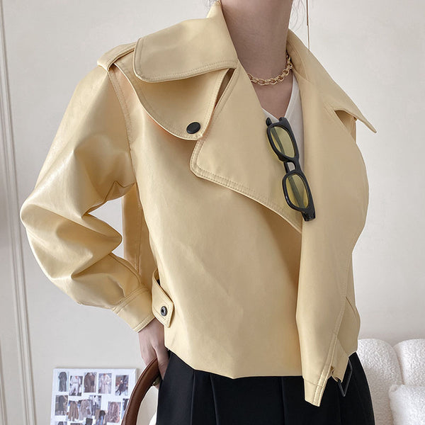 Lapel solid faux leather jackets