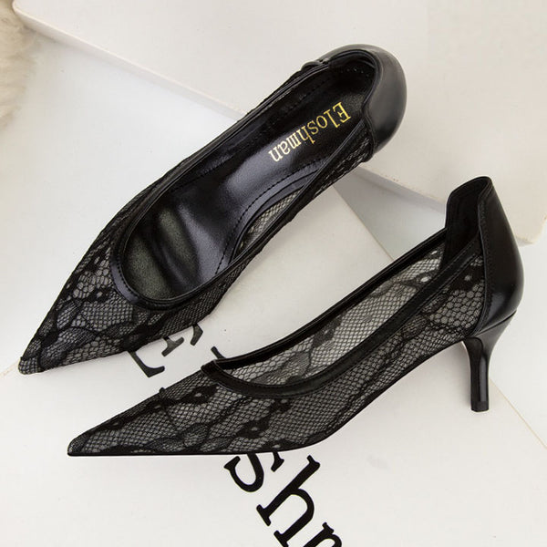 Low fronted openwork solid pointed heels