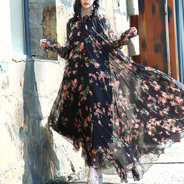 Floral print belted long sleeve maxi dresses
