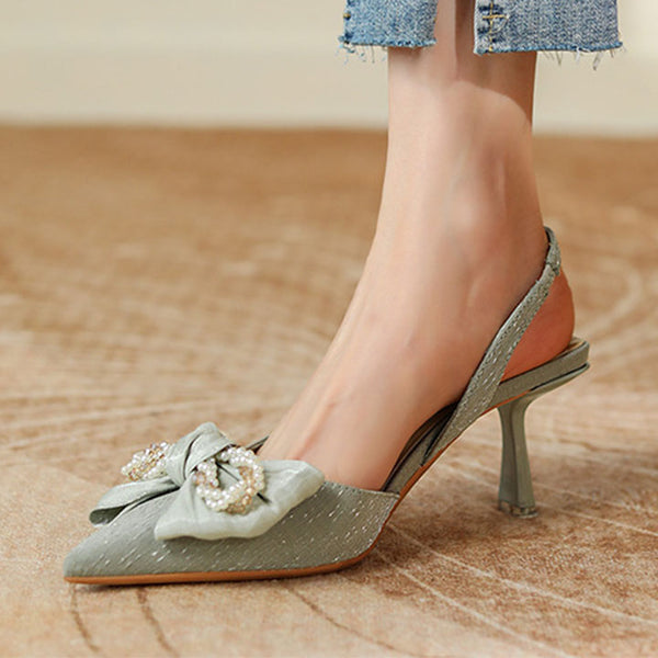 Low fronted bow tie pointed sandals with pearls