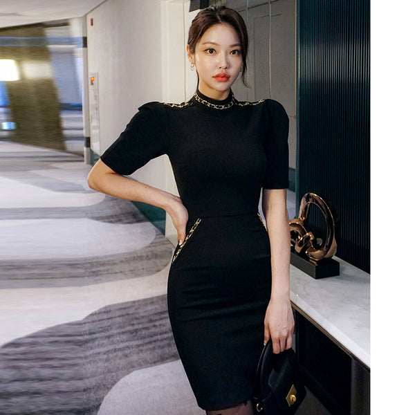 Bodycon puff sleeve solid color short dresses