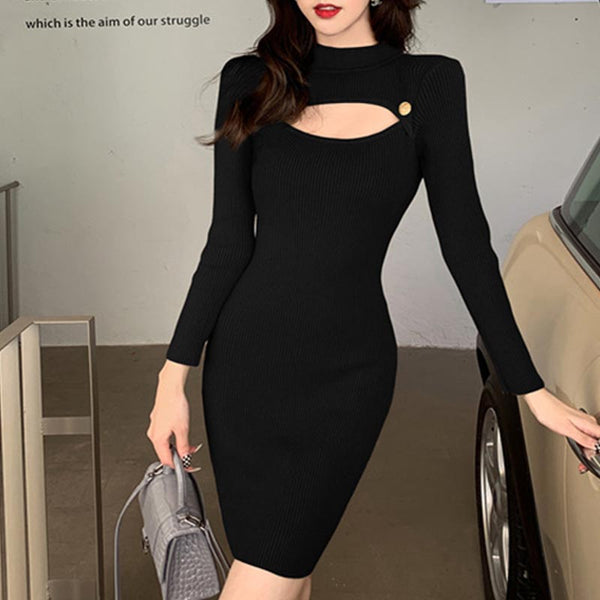 Brief solid long sleeve knitting dresses