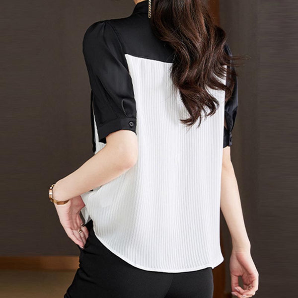 Color hit short sleeve pleated chiffon blouses