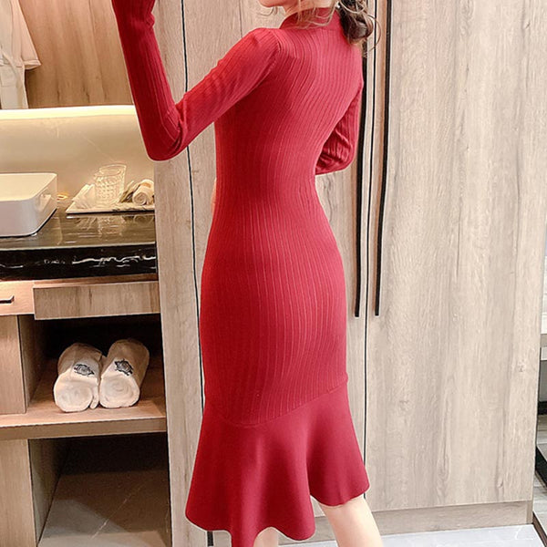 Solid mock neck knitted peplum dresses