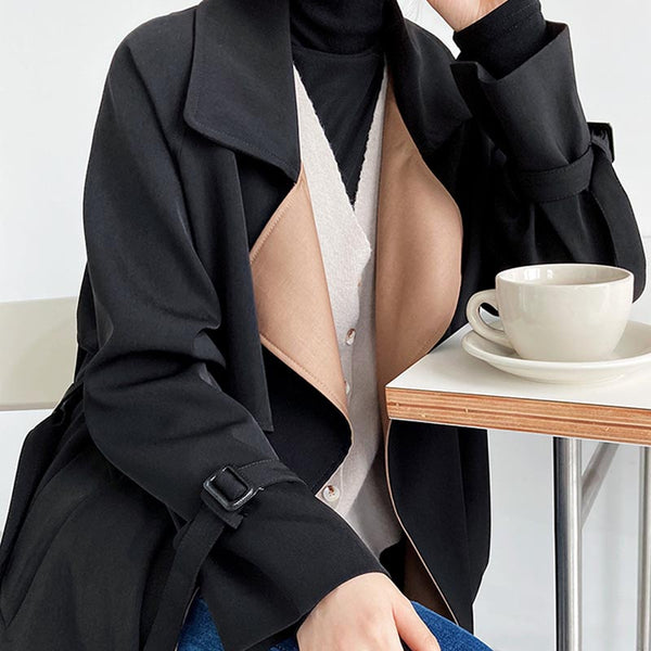 Stylish color hit lapel long sleeve trench coats