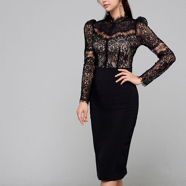 Lace patchwork long sleeve bodycon dresses