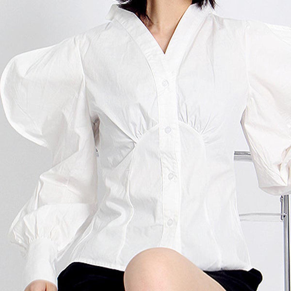 Elegant v-neck wave sleeve shirred blouses