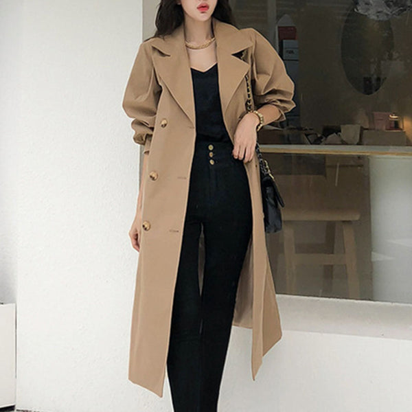 Lapel loose solid trench coats with belted