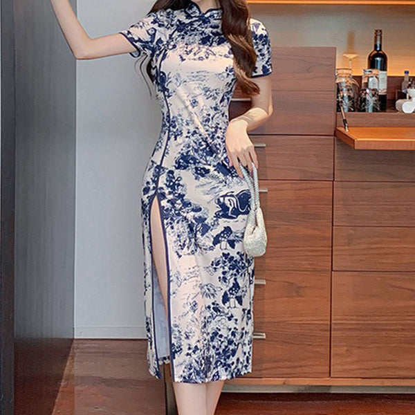 Retro mandarin collar print cheongsam dresses