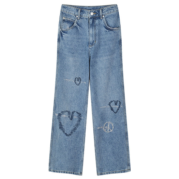 Women's hearts embroidered baggy jeans
