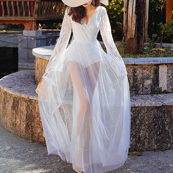 Sexy white v-neck mesh beach dresses