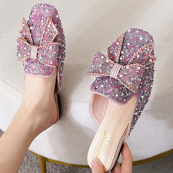 Pearl sequin bowknot casual flat slippers